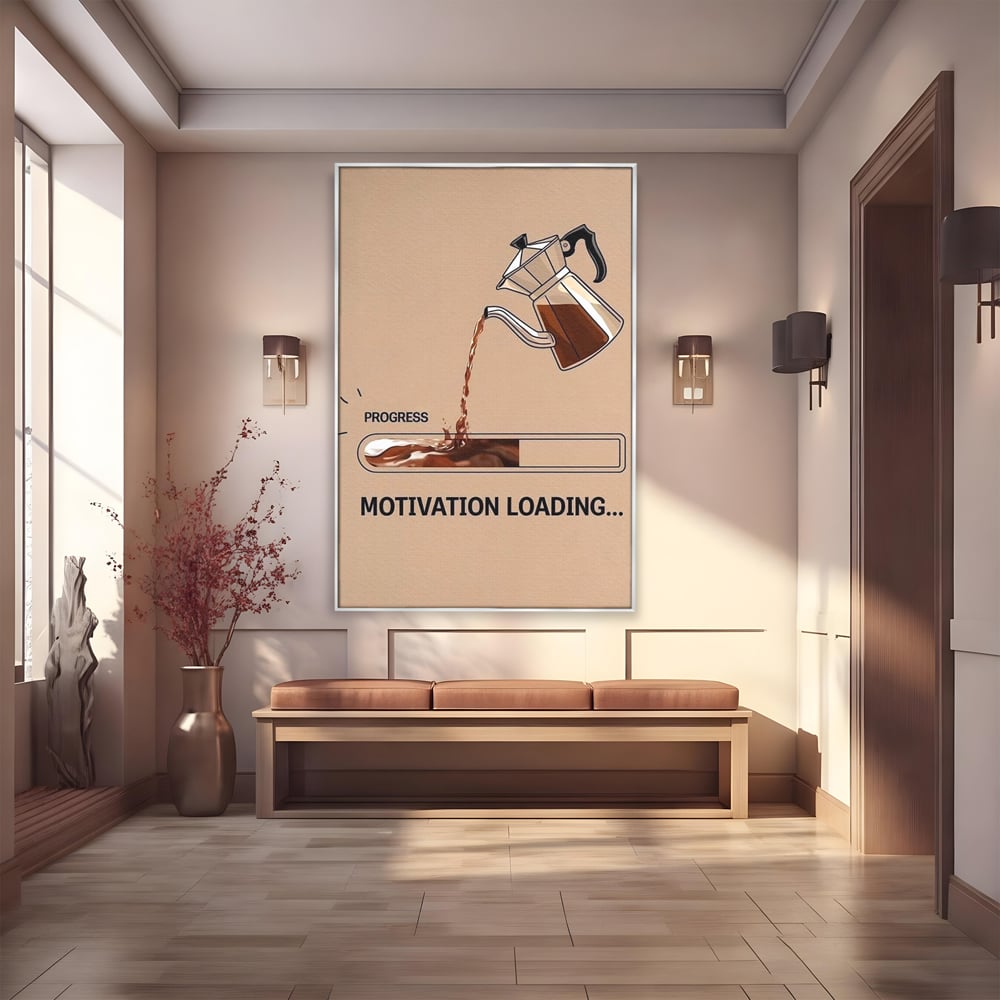 Tablou canvas cu tablou canvas cu ibric de cafea si bara de progres, in rama de aluminiu argintiu
